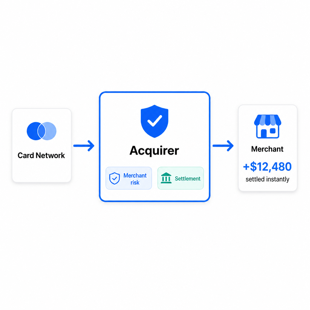 Acquiring banks and processors with 24/7 settlement